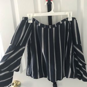 Blue vertical striped off the shoulder top